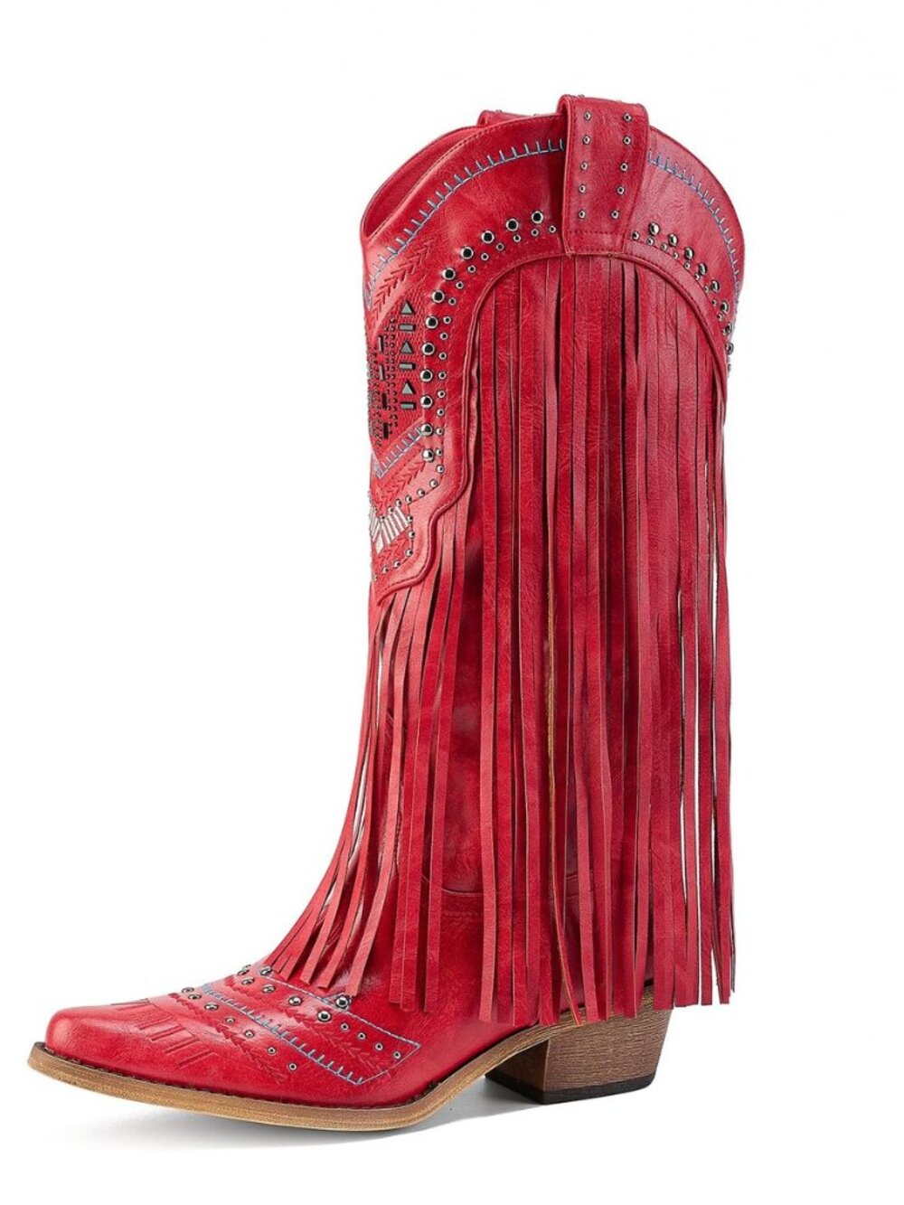 Women's Fringe Cowboy Boots Pull On Mid Calf Embroidered Chunky Heel Boot